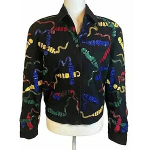 Vintage 80s Modi Denim Sequin Bomber Jacket Beaded Black Cropped Crayon Teacher